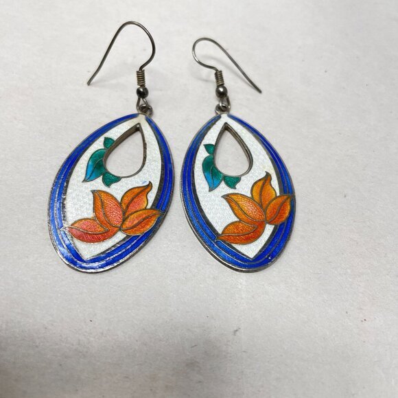 Vintage‎ Cloisonne Earrings Floral Enameled Metal Drop Boho Bohemian Earthy - Picture 7 of 7